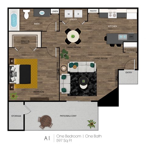 A one bedroom apartment with one bath is 597 square feet.